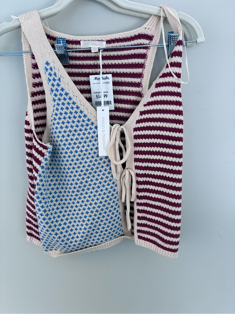 moon & madison Cream, Burgundy & Blue Striped Knit Tie-Front Vest